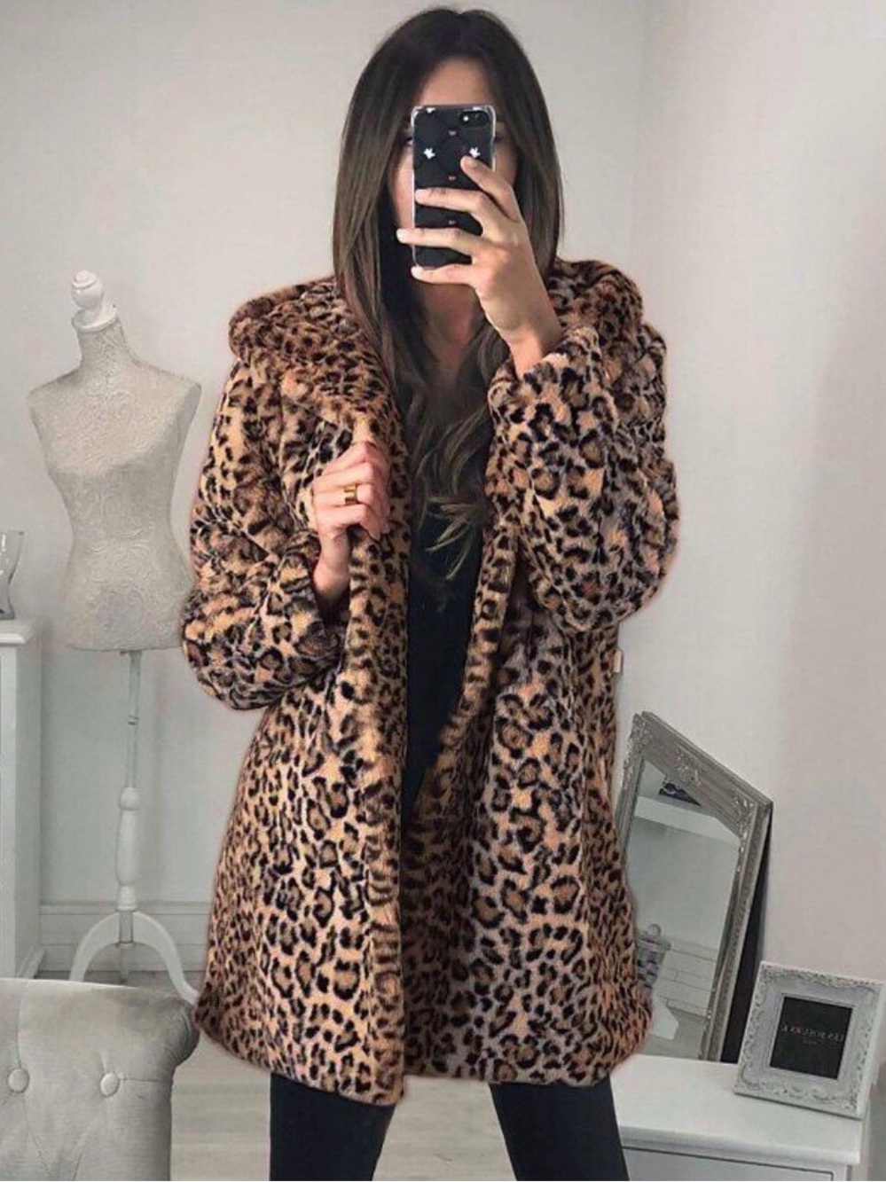 Leopard Print Faux Fur Long Sleeve Wool Silk Trench Coat Jacket